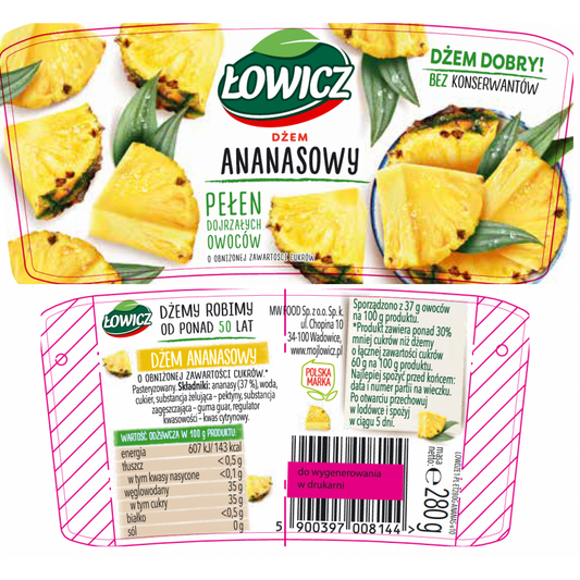 Łowicz Dżem ananasowy o obniżonej zawartości cukrów 280 g